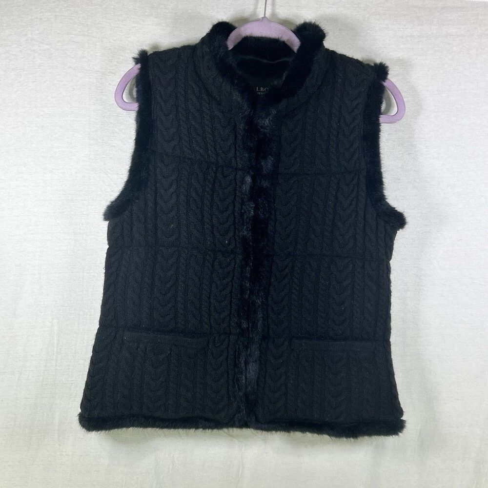 TALBOTS‎ FAUX-FUR-TRIM Black CABLE Knit SWEATER VEST Women’s Petite Medium NWT